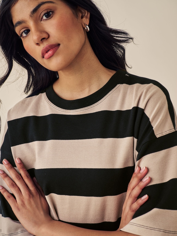 Stone Neutral Stripe Oversized Relaxed Fit Boxy Heavyweight Crew Neck T-Shirt - Image 5 of 7
