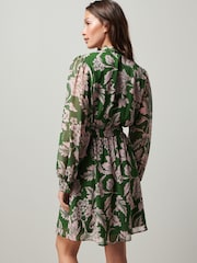 Grün/Pink geblümt - Langärmeliges Minikleid mit Gürtel und Bindeband am Ausschnitt - Bild 3 von 6