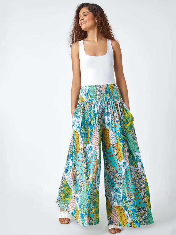Roman Blue Paisley Elasticated Stretch Palazzo Trousers - Image 1 of 5