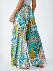 Roman Blue Paisley Elasticated Stretch Palazzo Trousers - Image 3 of 5