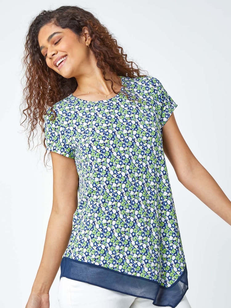 Roman Green Floral Asymmetric Chiffon Hem Top - Image 1 of 5