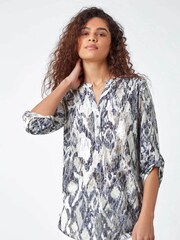 Roman Grey Textured Animal Print Stretch Blouse - Image 1 of 5