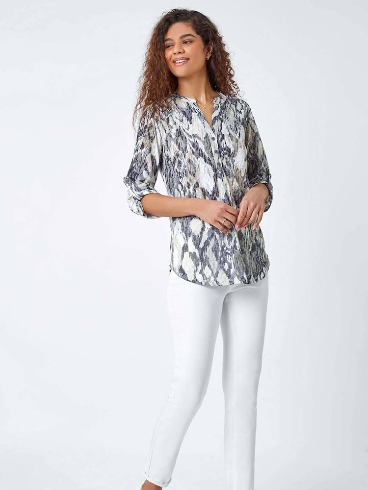 Roman Grey Textured Animal Print Stretch Blouse - Image 2 of 5