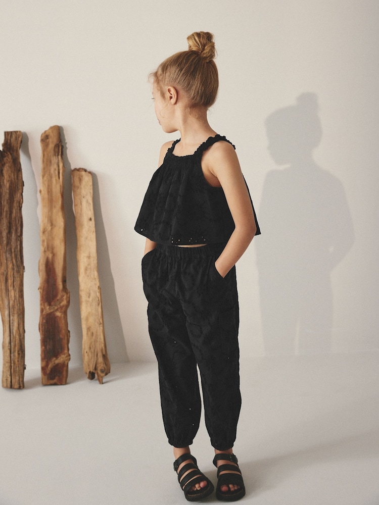 Black Broderie Co-ord Top and Joggers Set (3-16yrs) - Image 1 of 9