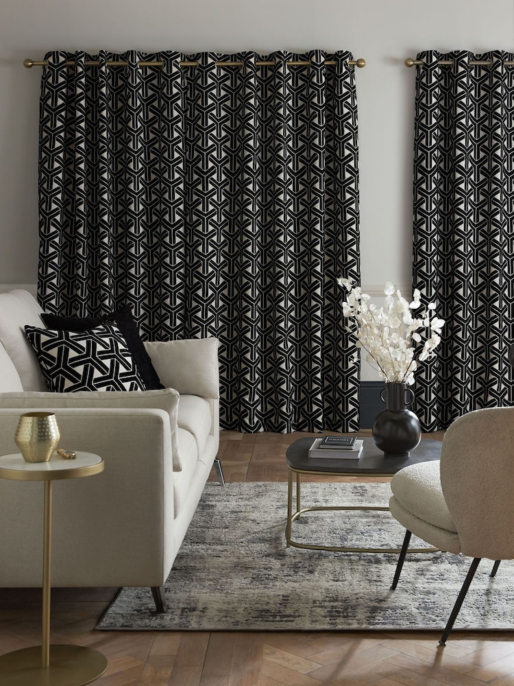 Geometric Flocked Velvet Eyelet Curtains - Изображение 2 из 5