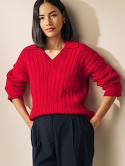 Rot - Pullover mit Polokragen und Zopfmuster - Bild 1 von 7