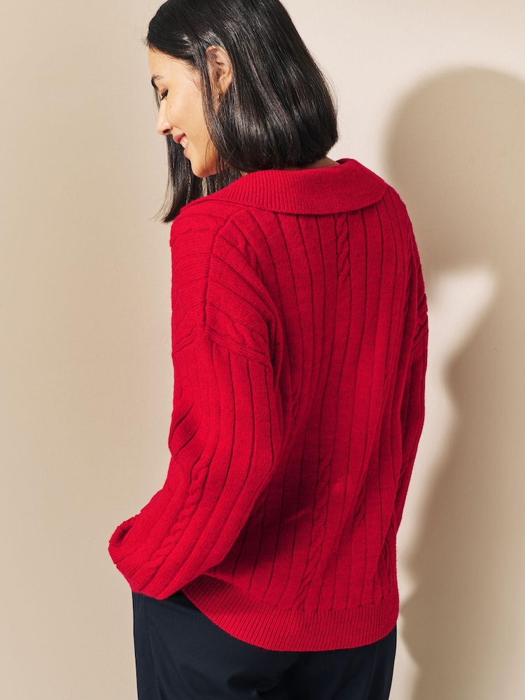 Rot - Pullover mit Polokragen und Zopfmuster - Bild 2 von 7