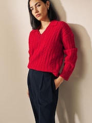 Rot - Pullover mit Polokragen und Zopfmuster - Bild 4 von 7