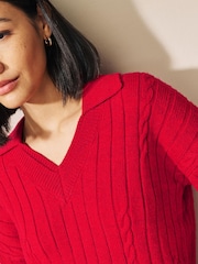 Rot - Pullover mit Polokragen und Zopfmuster - Bild 5 von 7