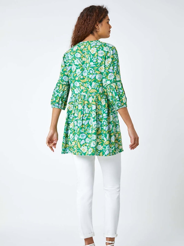 Roman Green Floral Print Boho Smock Top - Image 3 of 5
