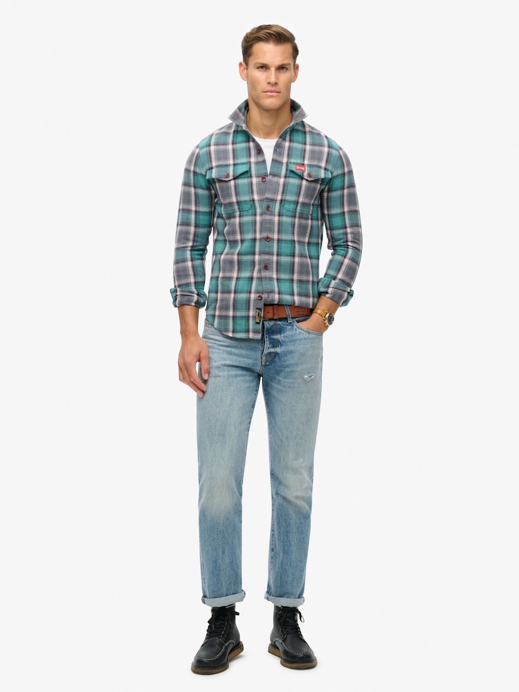 Superdry Yosemite Check Blue Cotton Worker Check 100% Cotton Shirt - Image 2 of 5