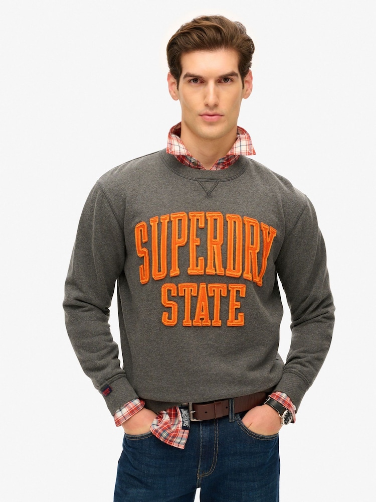 Superdry Charcoal Marl Charcoal Marl Vintage Athletic Crew 100% Cotton Sweatshirt - Image 1 of 6