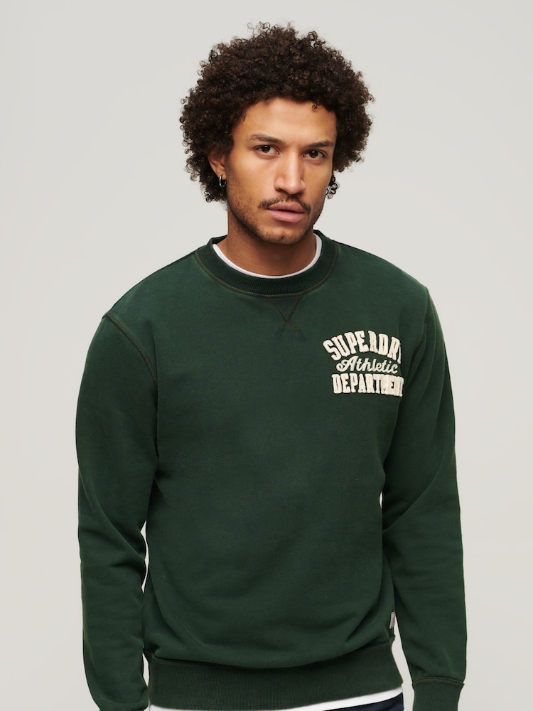 Superdry Academy Dark Green Charcoal Marl Vintage Athletic Crew 100% Cotton Sweatshirt - Image 1 of 5