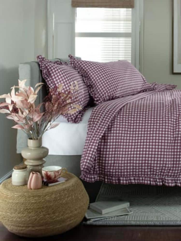The Lyndon Company Burgundy Gingham Frilled Duvet Cover and Pillowcase Set - Image 1 of 5 The Lyndon Company Burgundy Gingham Frilled Duvet Cover and Pillowcase Set - Image 1 of 5