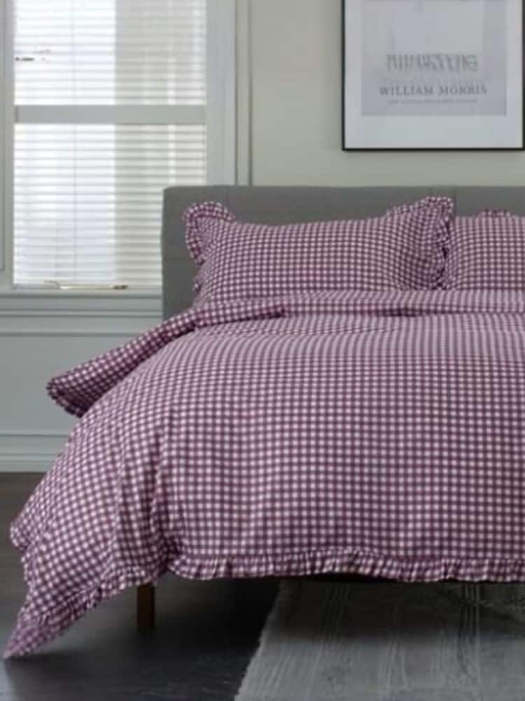 The Lyndon Company Burgundy Gingham Frilled Duvet Cover and Pillowcase Set - Image 2 of 5 The Lyndon Company Burgundy Gingham Frilled Duvet Cover and Pillowcase Set - Image 2 of 5