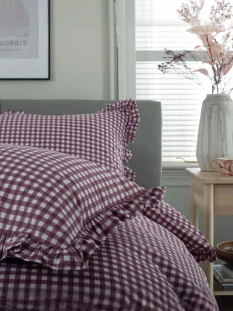 The Lyndon Company Burgundy Gingham Frilled Duvet Cover and Pillowcase Set - Image 5 of 5 The Lyndon Company Burgundy Gingham Frilled Duvet Cover and Pillowcase Set - Image 5 of 5