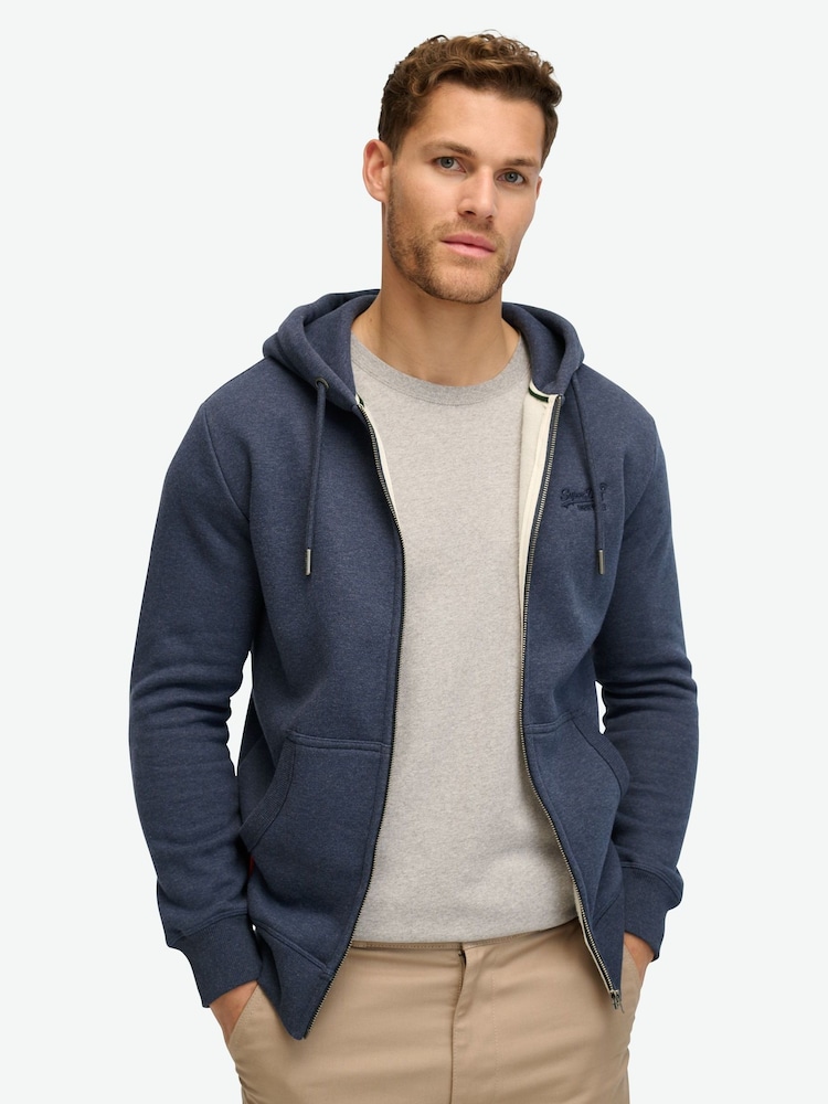 Mornarsko modra melirana modra dediščina - Superdry Essential Logo Zip-Up kapuco; jopa/pulover s kapuco - Slika 1 iz 6 Mornarsko modra melirana modra dediščina - Superdry Essential Logo Zip-Up kapuco; jopa/pulover s kapuco - Slika 1 iz 6