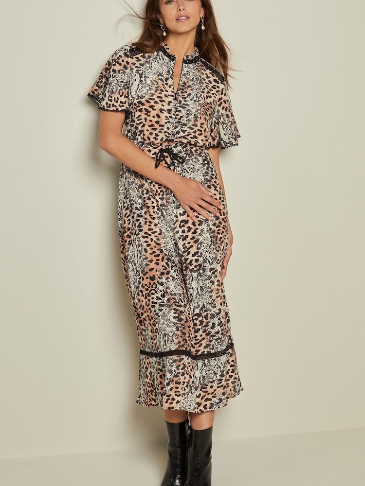 Animal Print Angel Sleeve Midi Dress - Image 1 of 5