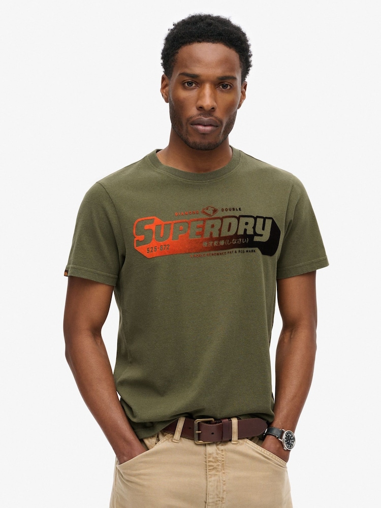 Superdry Khaki Green Flocked Faded Graphic T-Shirt - Image 1 of 1