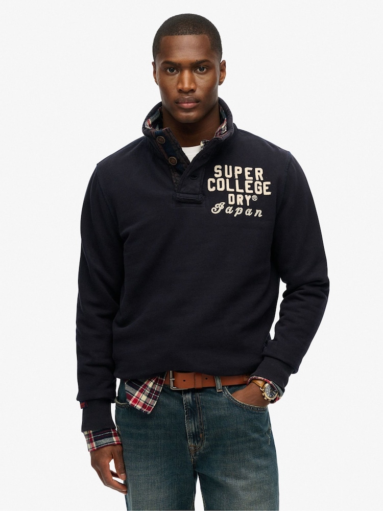 Superdry Eclipse Navy 2 Vintage Athletic Henley 100% Cotton Jumper - Image 1 of 4