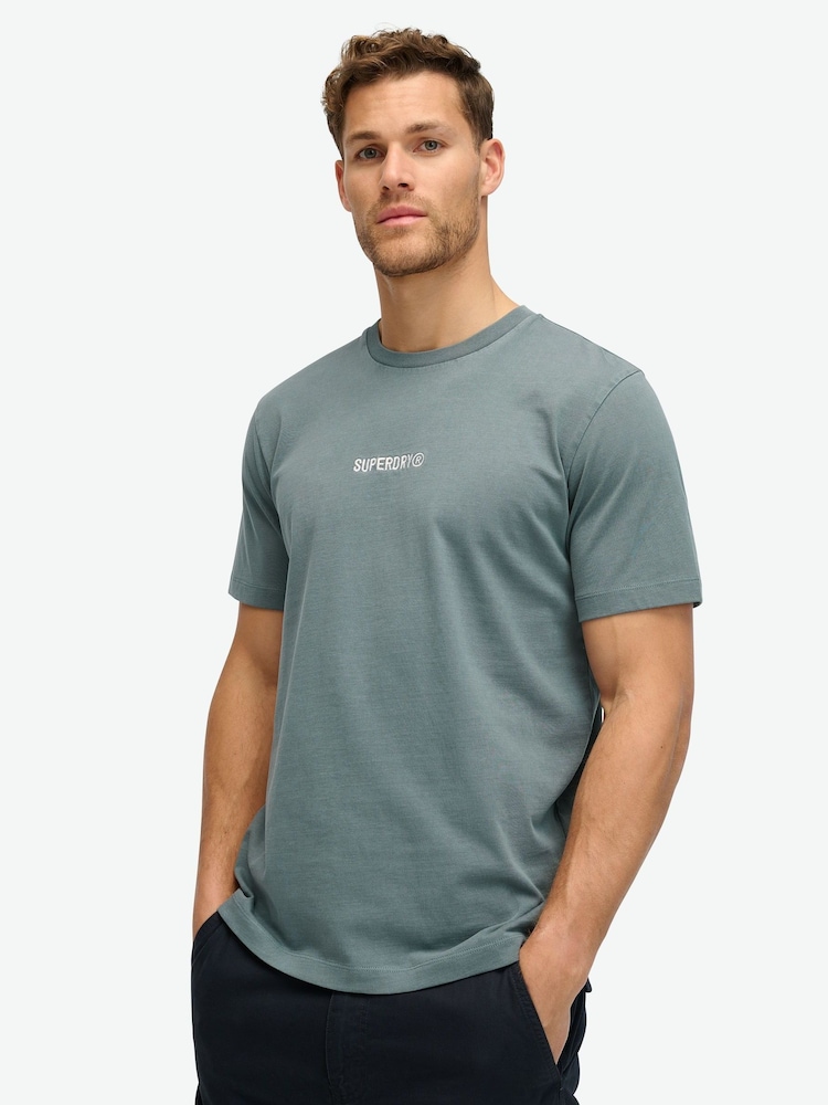Superdry Blue 100% Cotton Micro Logo Graphic Loose T-Shirt - Image 1 of 5 Superdry Blue 100% Cotton Micro Logo Graphic Loose T-Shirt - Image 1 of 5