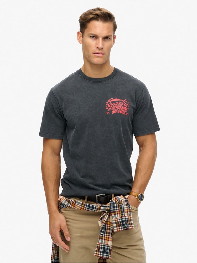 Superdry Mid Back in Black Loose 100% Cotton Biker Rock Graphic T-Shirt - Image 1 of 7
