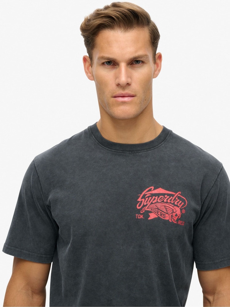 Superdry Mid Back in Black Loose 100% Cotton Biker Rock Graphic T-Shirt - Image 4 of 7