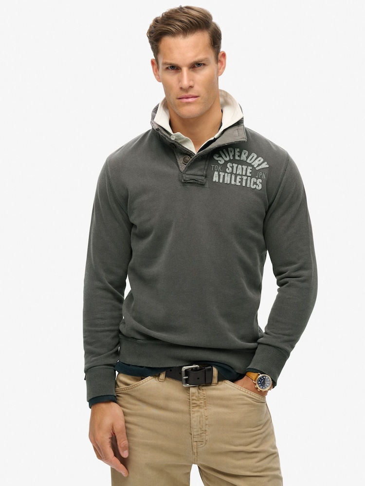 Superdry Washed Black 100% Cotton Vintage Athletic Henley Hoodie - Image 1 of 6 Superdry Washed Black 100% Cotton Vintage Athletic Henley Hoodie - Image 1 of 6
