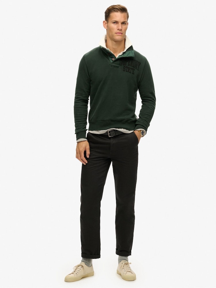Superdry Academy Dark Green Vintage Athletic Henley 100% Cotton Jumper - Image 2 of 6