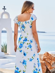 Sosandar Blue Lace Detail Flutter Sleeve Bardot Midi Dress - Image 2 of 5