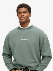 Superdry Stormy Weather Blue Army Khaki Micro Logo Graphic Loose Crew Neck Sweatshirt - Image 1 of 4