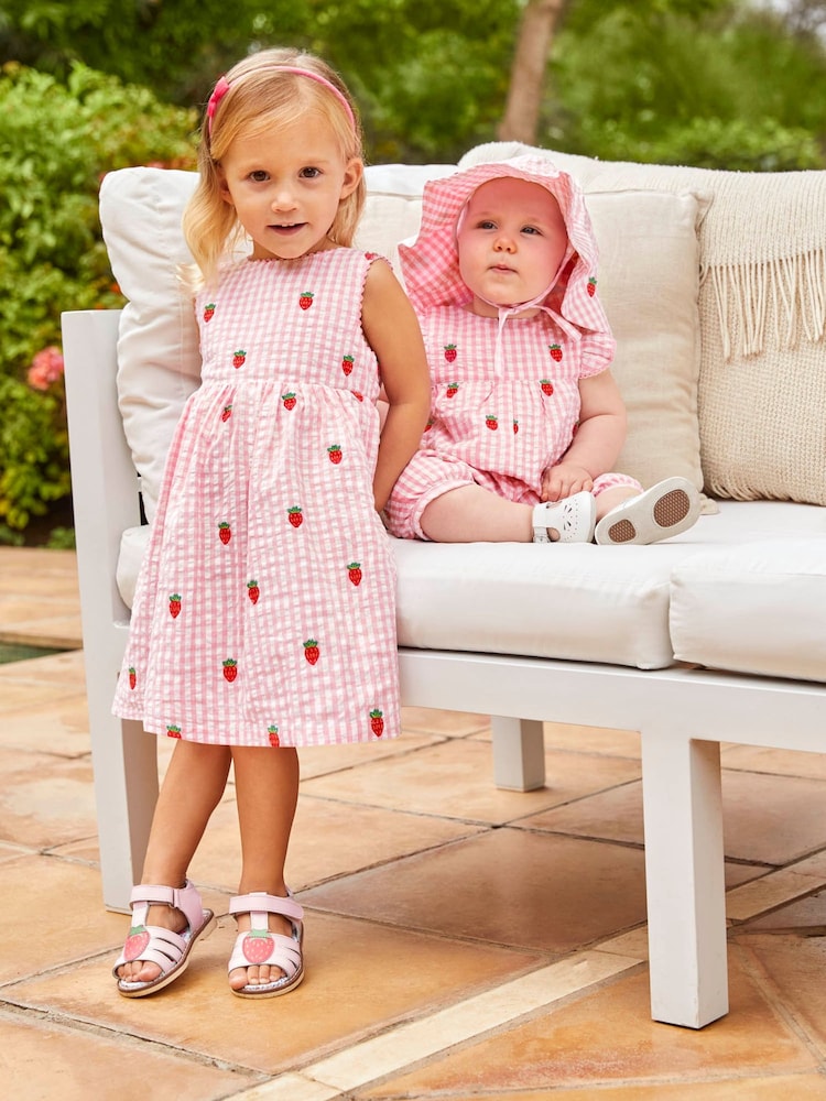 JoJo Maman Bébé Fresa de Niña Vestido Gingham bordado - Imagen 1 de 9