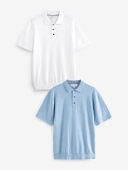 White/Light Blue Regular Fit Knitted Polo Shirts 2 Pack - Image 1 of 6