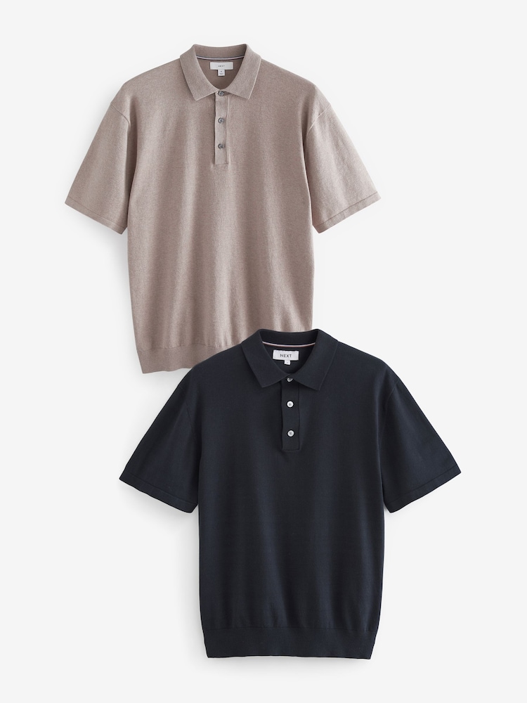 Neutral/Navy Blue Regular Fit Knitted Polo Shirts 2 Pack - Image 1 of 7