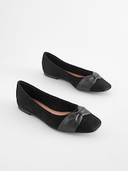 Black Forever Comfort® Leather Square Toe Bow Ballerinas - Image 1 of 6