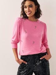 Pink Cosy Soft Touch Christmas Candy Cane Festive Sleeve Detail Jumper Top - Image 1 of 6