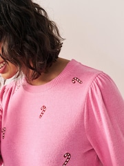 Pink Cosy Soft Touch Christmas Candy Cane Festive Sleeve Detail Jumper Top - Image 4 of 6