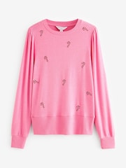 Pink Cosy Soft Touch Christmas Candy Cane Festive Sleeve Detail Jumper Top - Image 5 of 6