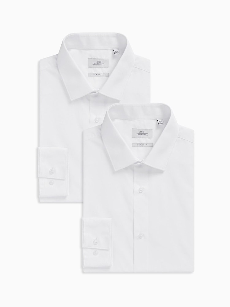 White Skinny Fit Easy Care Single Cuff Shirts 2 Pack - Image 1 of 10