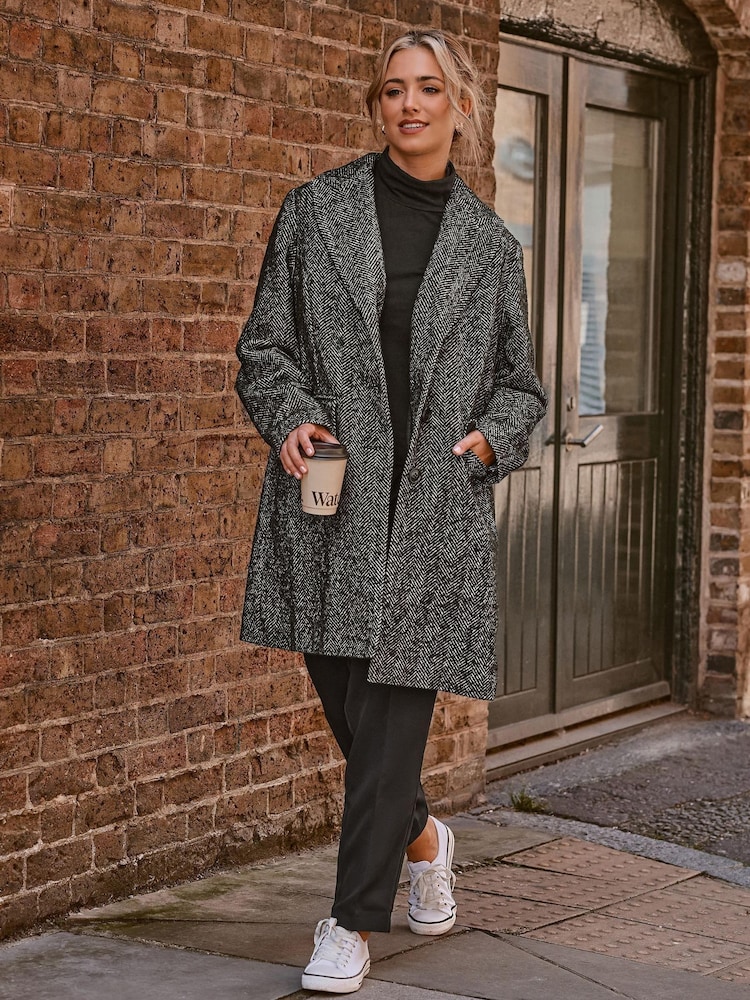 Yours Curve Black Midi Herringbone City Coat - Image 1 of 5