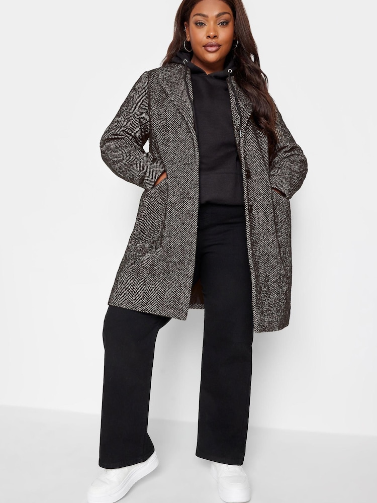 Yours Curve Black Midi Herringbone City Coat - Image 2 of 5