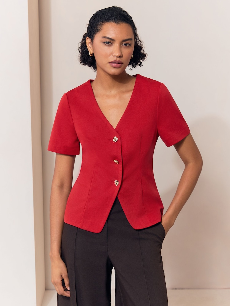 Lipsy Red Short Sleeve Button Through Top - Image 1 of 5