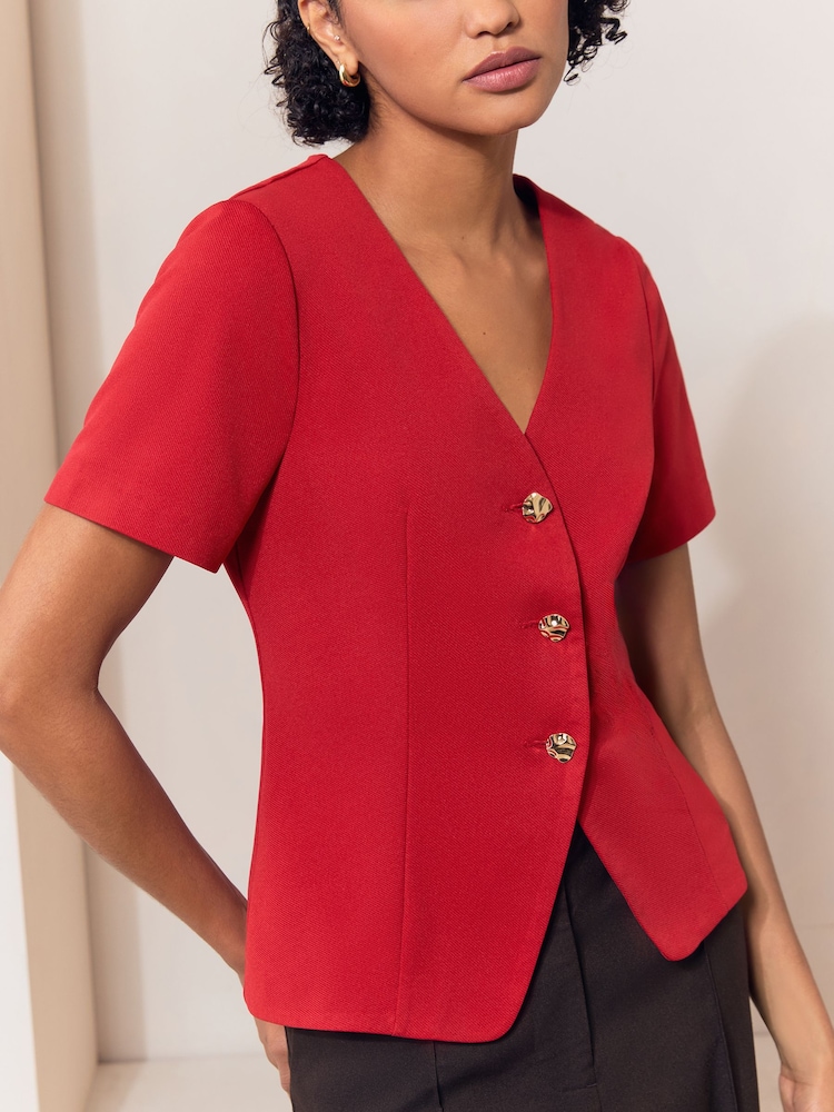 Lipsy Red Short Sleeve Button Through Top - Image 2 of 5