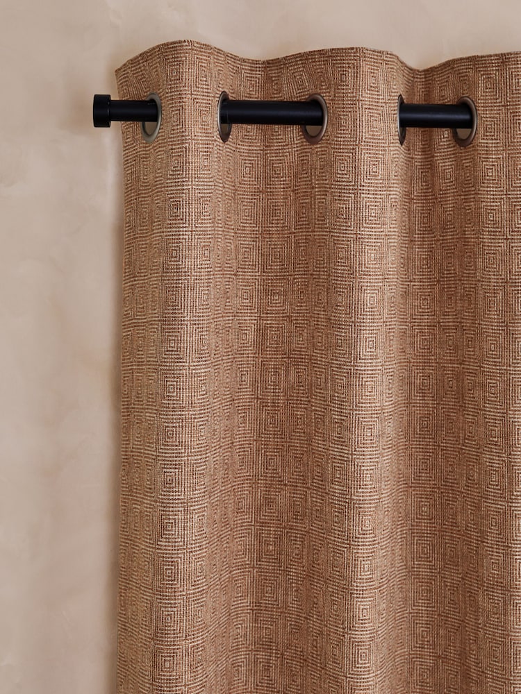 Orange Woven Geometric Eyelet Lined Curtains - Image 1 of 5