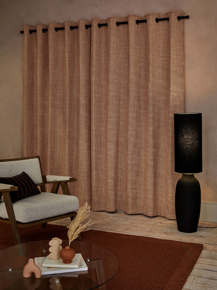 Orange Woven Geometric Eyelet Lined Curtains - Image 2 of 5