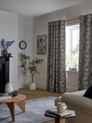Natural/Blue Leaf Jacquard Eyelet Lined Curtains - Image 1 of 6