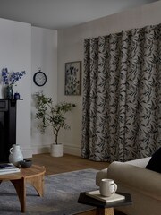 Natural/Blue Leaf Jacquard Eyelet Lined Curtains - Image 2 of 6