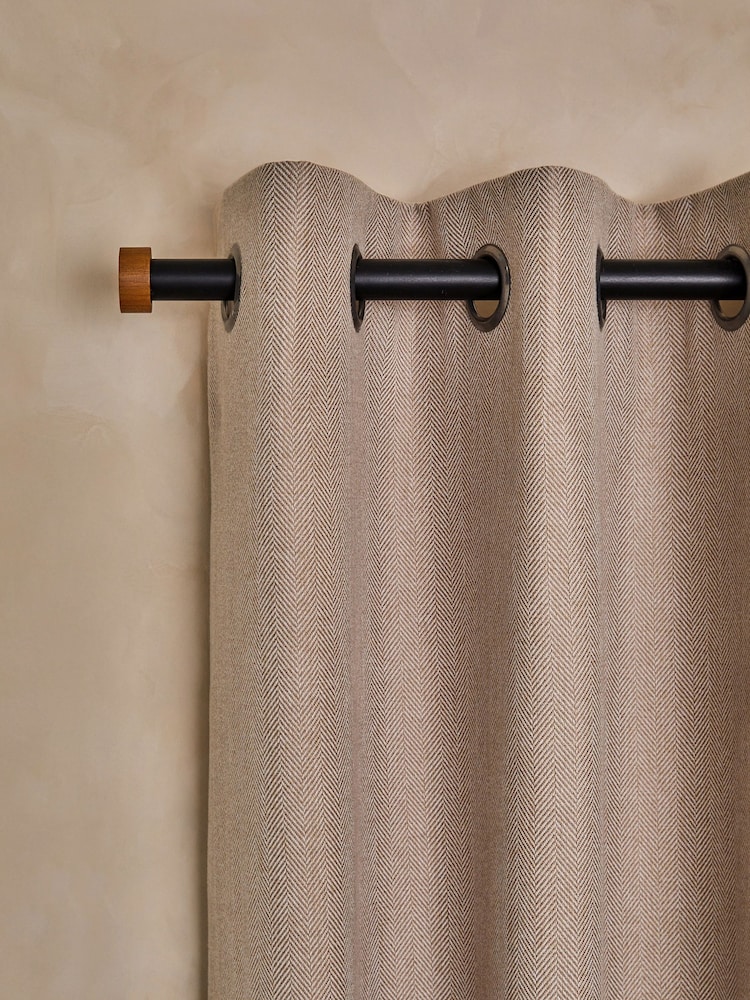 Tan Brown Herringbone Weave Lined Eyelet Curtains - Image 1 of 8