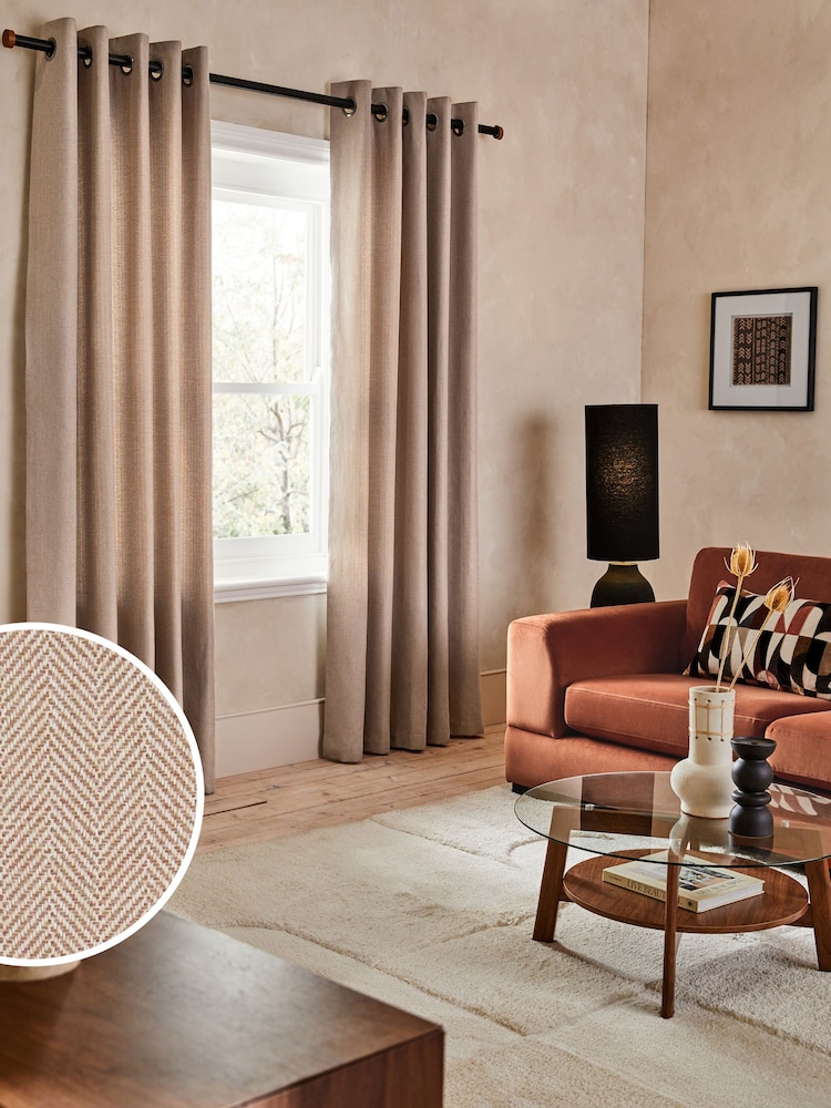 Tan Brown Herringbone Weave Lined Eyelet Curtains - Image 2 of 8
