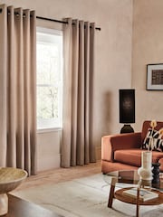 Tan Brown Herringbone Weave Lined Eyelet Curtains - Image 3 of 8